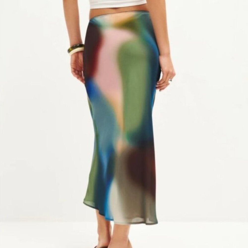 Reformation Multicolor Abstract Midi Skirt - Green Blue Pink Brown
